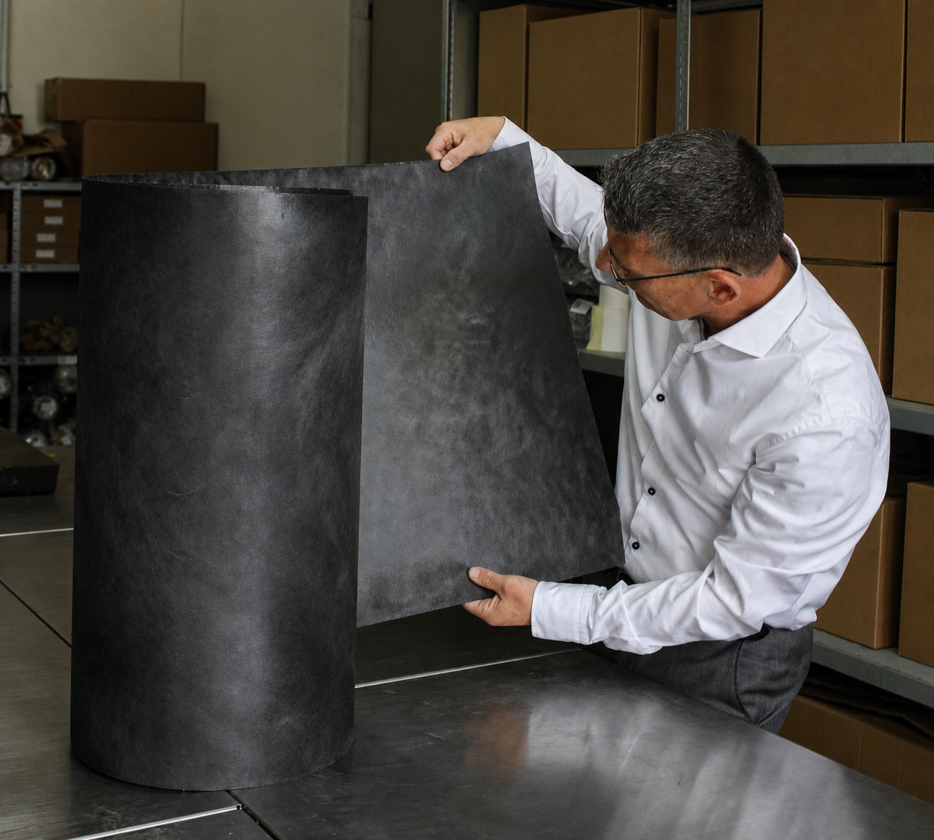 Quality inspection of a finished carbon fiber nonwoven roll at Phoenix Non Woven